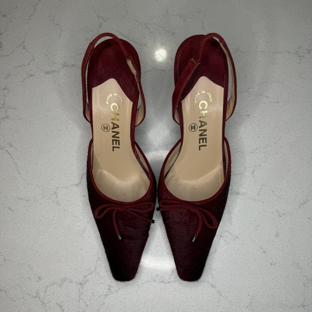 SOLD 
Vintage Chanel Burgundy Pony Hair Slingback Heels size 5.5-6